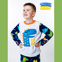 Детская домашняя одежда для сна и отдыха Удобная яркая теплая пижама для мальчиков с динозаврами синяя 116