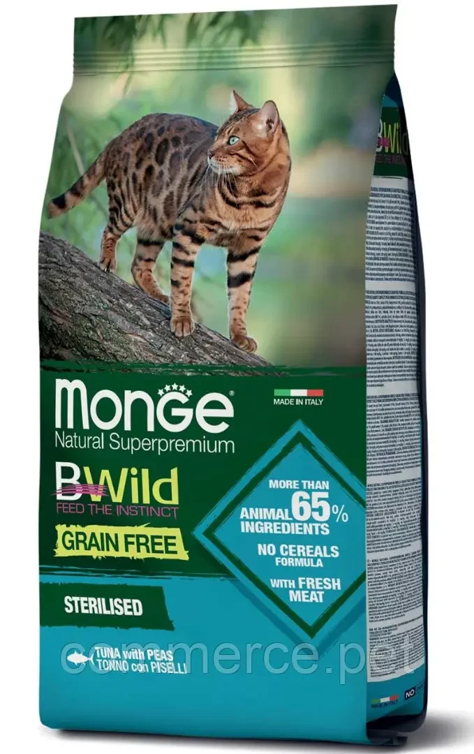 Сухий корм для стерилізованих кішок та кастрованих котів MONGE CAT BWILD GRAIN FREE Sterilized Tuna тунець