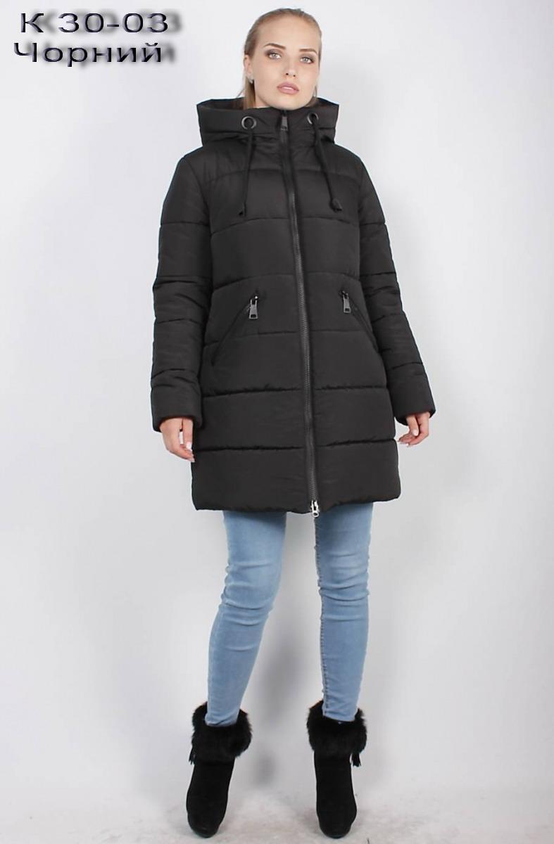 Тепла зимова жіноча куртка пуховик з капюшоном К 30-03 Чорний 48-56 рр - фото 1 - id-p1724573635
