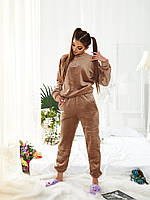 Женская пижама домашний костюм велюровый тёплая на меху бежевая кофта и штаны