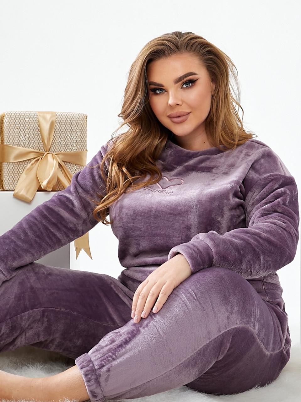 Женская пижама сирень двухсторонняя махровый теплая удобная турецкая ткань домашний костюм размер 52-54-56-58 - фото 2 - id-p1724577226