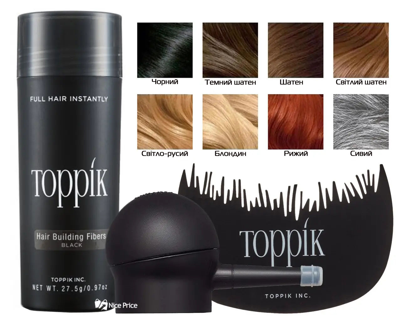 Кератиновий загусник для волосся Toppik 27,5 г + аплікатор + гребешек