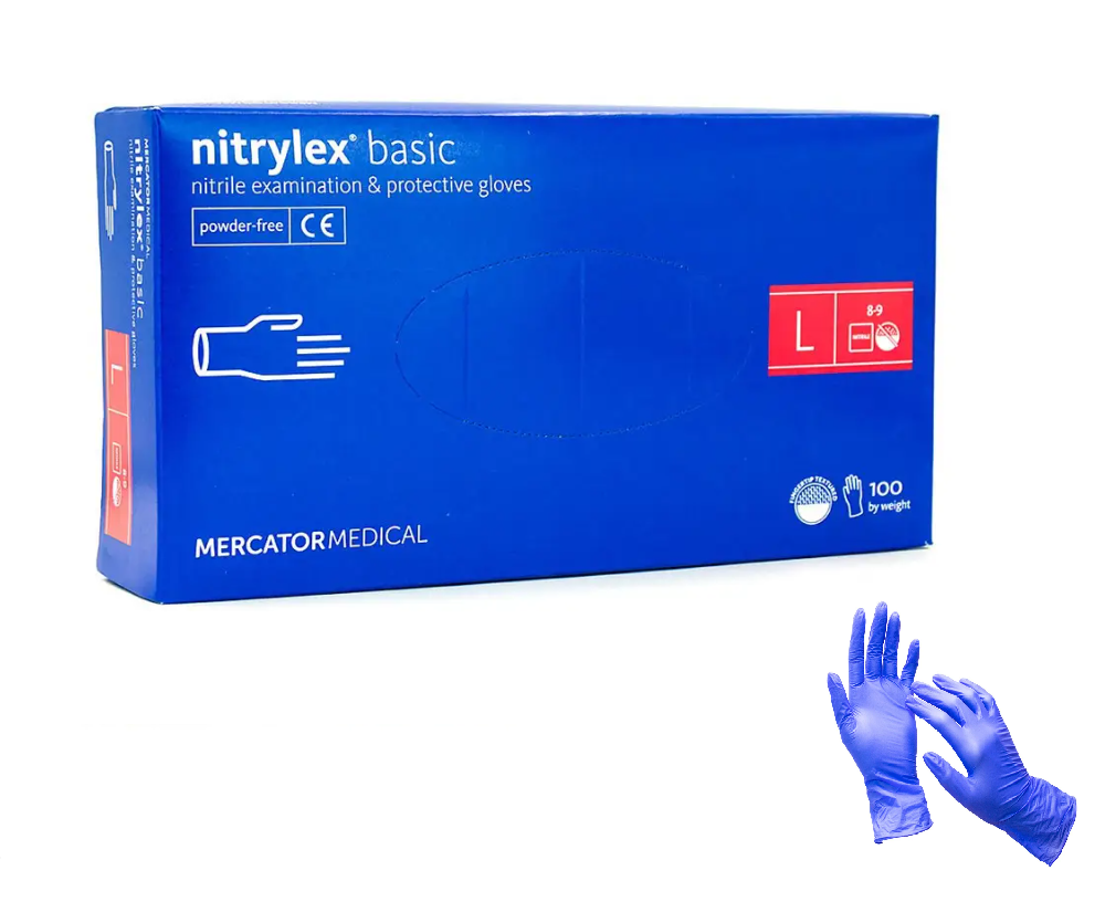 Рукавички нітрилові блакитні NITRYLEX 100 шт розмір L нестерильні оглядові неопудрені, фото 1