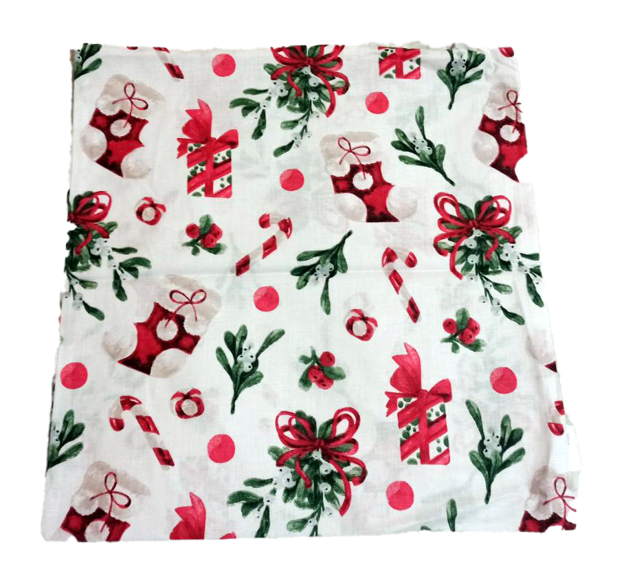 Подушка, 30*30 см, новорічна, (бавовна), (різдвяна шкарпетка та подарунки на білому)