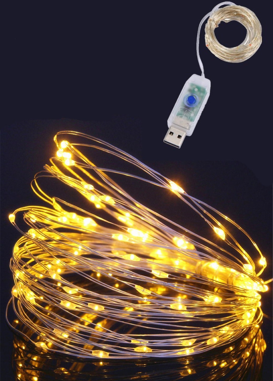 Світлодіодна гірлянда 20 метрів 200 LED USB дріт, гірлянда від юсб, 8 режимів, теплий білий, фото 1