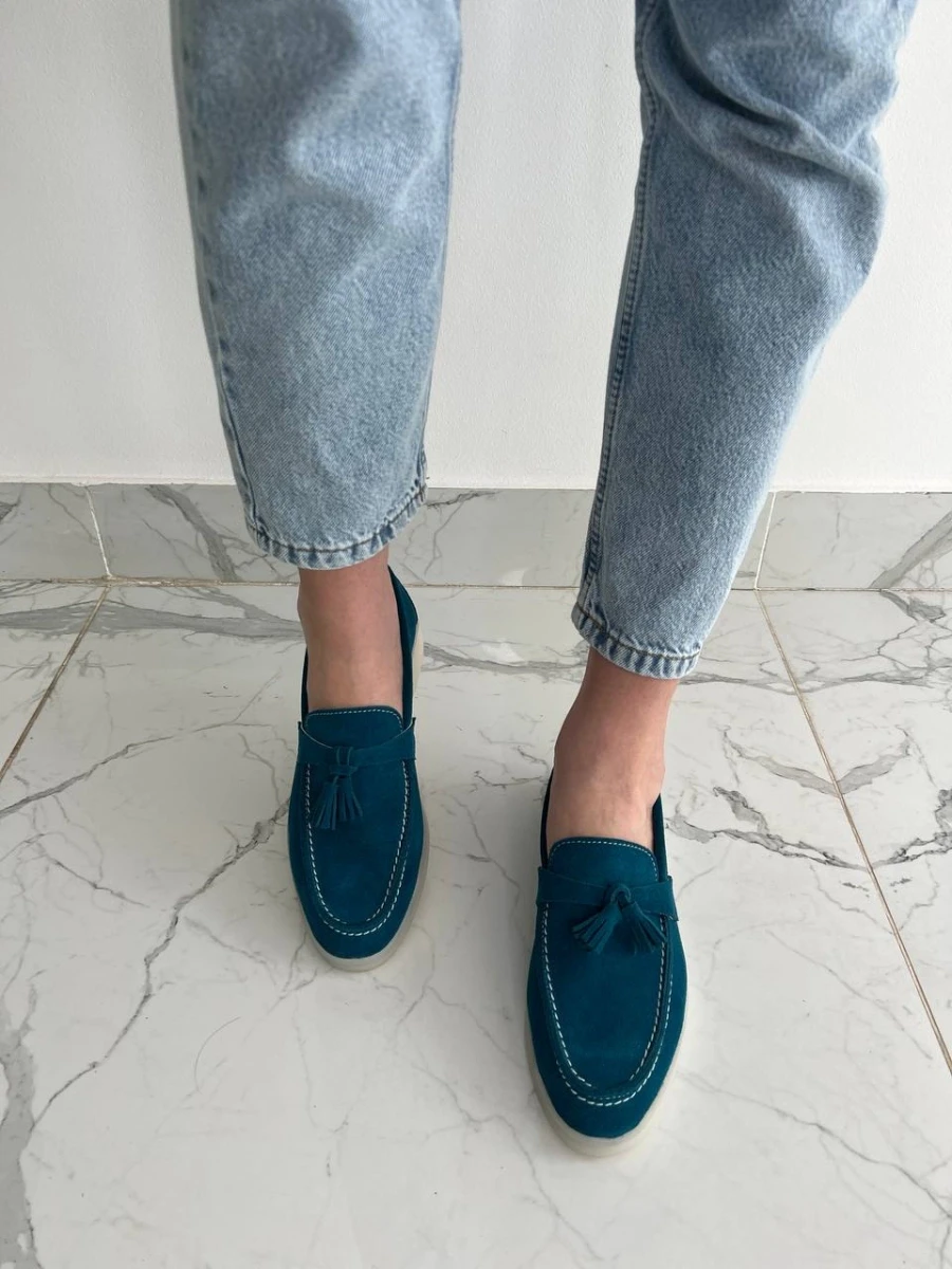Жіночі демісезонні лофери ShoesBand Темно-сині натуральні замшеві на вузьку/середню стопу всередині екошкіра