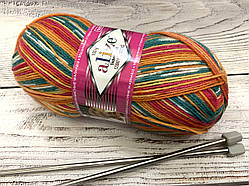 Пряжа Alize Superwash comfort socks. 100 г. 420 м. Колір — меланж 27839 жовтогарячий, жовтий, зелений, рожевий