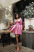 Вечернее розовое короткое платье атласное с пышной юбкой (размер М)