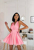 Вечернее розовое короткое платье атласное с пышной юбкой и открытой спиной
