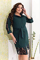 Стильне жіноче зелене плаття-сорочка з поясом і мереживом великі розміри