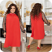 Вечернее красное свободное платье с рукавами из сетки большие размеры 52-54