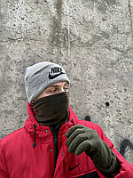 Набор зимний мужской Шапка + Баф + Перчатки Nike серый-хаки до -25*С | Комплект теплый Найк