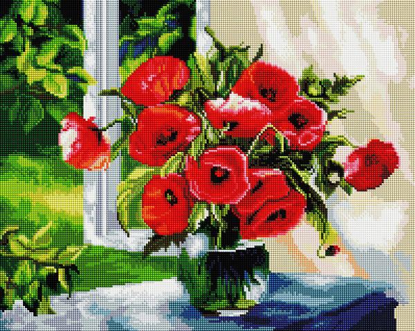 Картина стразами ColorArt Маки на підвіконні (CLR-PSP058) 40 х 50 см (На підрамнику)