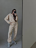 Женский утеплённый повседневный костюм на флисе укороченное худи штаны джоггеры (беж, мокко,барби ,чёрный)