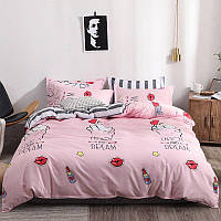Семейный набор постельного белья розовый с принтом из люкс-сатина S416