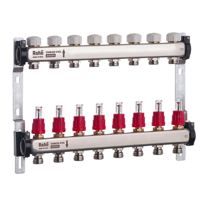 Коллектор с расходомером и термостатическими клапанами Roho R804-08 - 1"х 8 вых. (RO0040)