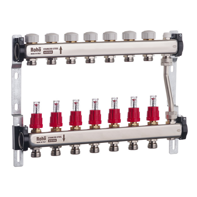 Коллектор с расходомерами и термостатическими клапанами с байпасом Roho R814-07 - 1"х 7 вых. (RO005