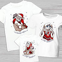 Футболки білі Фемілі Лук Family Look для всієї родини з новорічним принтом "Новорічні зайці" Push IT