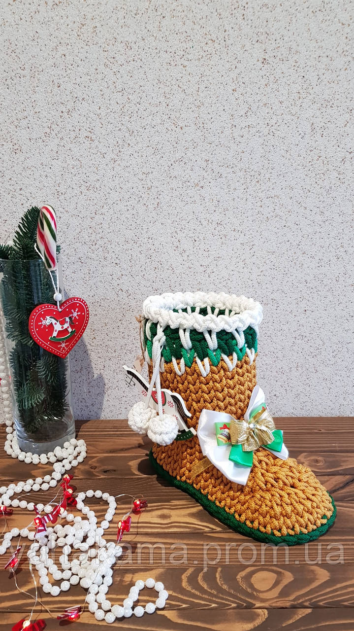 Кошик золото новорічний декор Чобіт в'язаний ручна робота