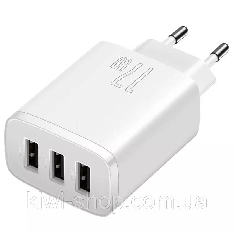 Адаптер (блок) живлення Baseus Compact 17 W QC 3.0 (3USB) (CCXJ02) Білий, швидке заряджання 17 W для 3 пристроїв