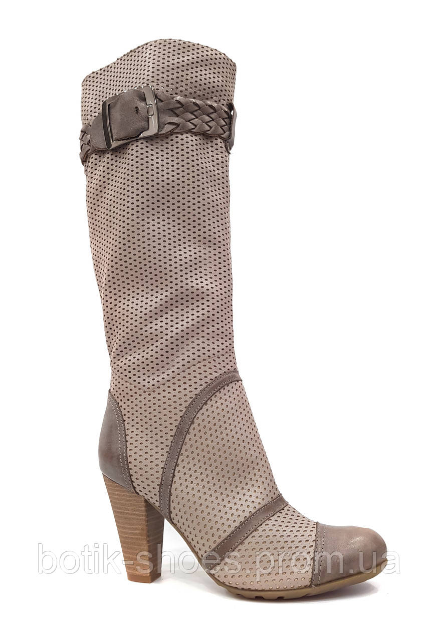 Модные сапоги женские кожаные на высоком каблуке с перфорацией весна лето удобные серые 39 размер Vizzavi 8503 - фото 2 - id-p142580523