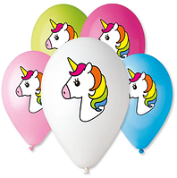 Кулі повітряні різнокольорові асорті з малюнком Єдиноріг  поштучно 12" 30 см