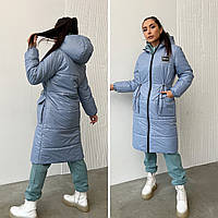 Стеганная зимняя куртка-пальто-пуховик Монклер с накладными карманами, женская,размеры :42-44,46-48 Голубой