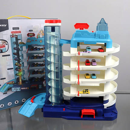 3302A Гараж паркінга з підіймачем 5 поверхів, машинки 8 шт., музика, світло, коробка 35,5-42-16 см, фото 1