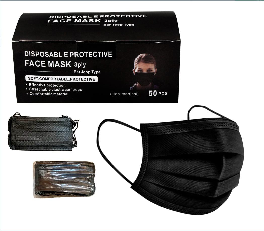 Маска медична тришарова чорна в упак. 50 шт (без коробки)