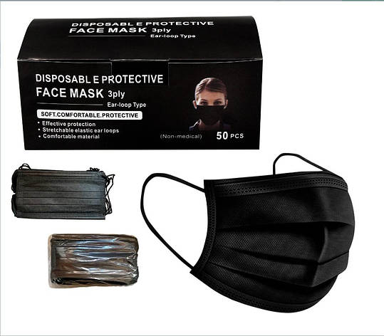 Маска медична тришарова чорна в упак. 50 шт (без коробки), фото 1