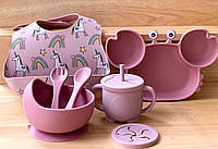 Набор детской силиконовой посуды для прикорма на присосках 6 предметов тарелка на присоске,сллюнявчик,поильник