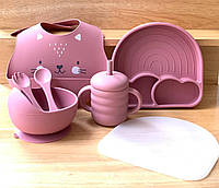 Набор детской силиконовой посуды для прикорма на присосках 6 предметов тарелка на присоске,сллюнявчик,поильник