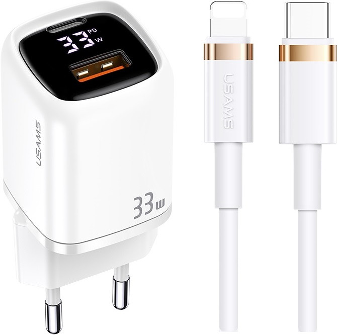 Мережевий зарядний пристрій USAMS US-CC152 T46 33W PD+QC with Type-C to Lightning Cable white, фото 1