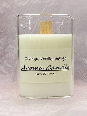 Соєва аромасвіча у скляному підсвічнику "Orange, vanilla and mango" Апельсин, ваніль та манго 200 мл, фото 1