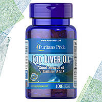 Масло печени трески + А и Д Puritan's Pride Cod Liver Oil Vitamins A&D 100 гелевых капсул