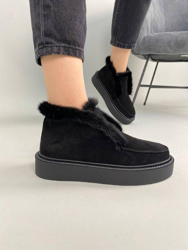 Жіночі зимові лофери ShoesBand Чорні натуральні замшеві всередині напіввовна норка 37 (24 см) (S99611-1з), фото 1
