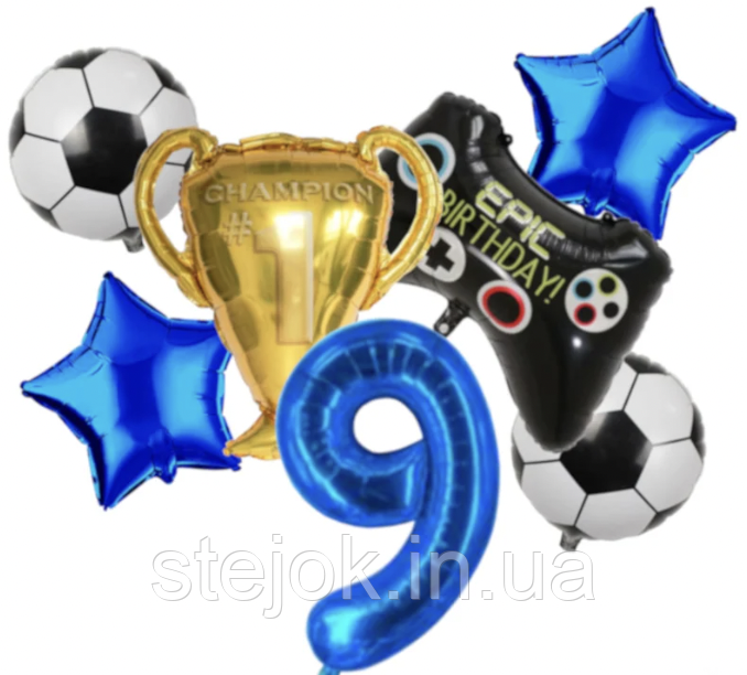 Набір куль у стилі "Футбол" синій із цифрою, фото 1