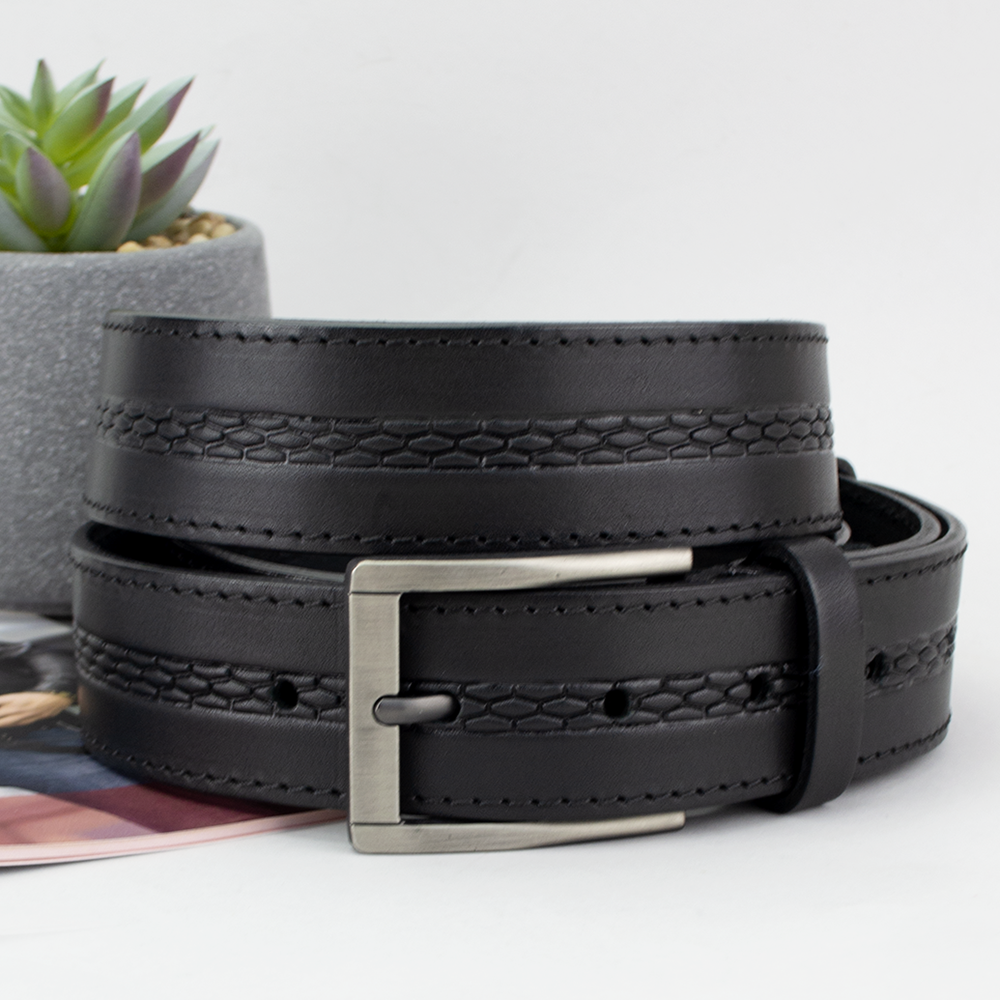 Ремінь чоловічий чорний шкіряний SF-351 (125 см) під брюки та джинси