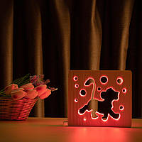 Светильник ночник из дерева ArtEcoLight #14/2 LED "Веселый львенок" с пультом и регулировкой, RGB