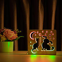 Светильник ночник из дерева ArtEcoLight # 3/3 LED "Кот и собачка" с пультом и регулировкой света, двойной RGB