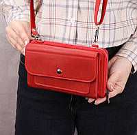 Красная кожаная женская сумка клатч через плечо с карманом для мобильного/ Мини сумочка с ремешком на руку
