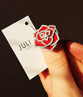Серебряное кольцо в виде розы с красной эмалью и белыми фианитами Альнамри