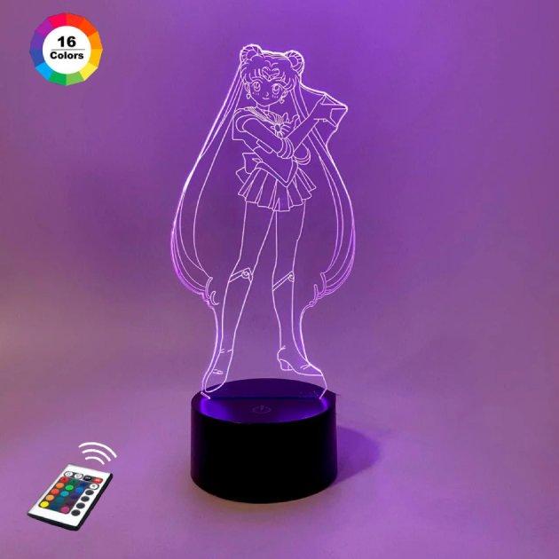 3D нічник "Сейлор Мун" (ВОЛІЧНЕ ЗОБРАЖЕННЯ) + пульт ДК + мережевий адаптер + батарейки (3ААА)  3DTOYSLAMP, фото 1