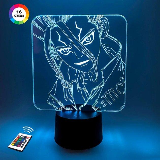 3D нічник "Доктор Стоун" (ВОЛІЧНЕ ЗОБРАЖЕННЯ) + пульт ДК + мережевий адаптер + батарейки (3ААА)  3DTOYSLAMP, фото 1