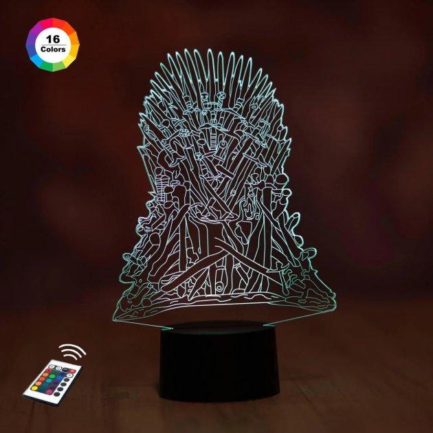 3D нічник "Залізний Трон Гра Престолів" (ВВАЛИЧЕННЕ ЗОБРАЖЕННЯ)+ пульт ДК + мережевий адаптер +батарейки (33АА), фото 1