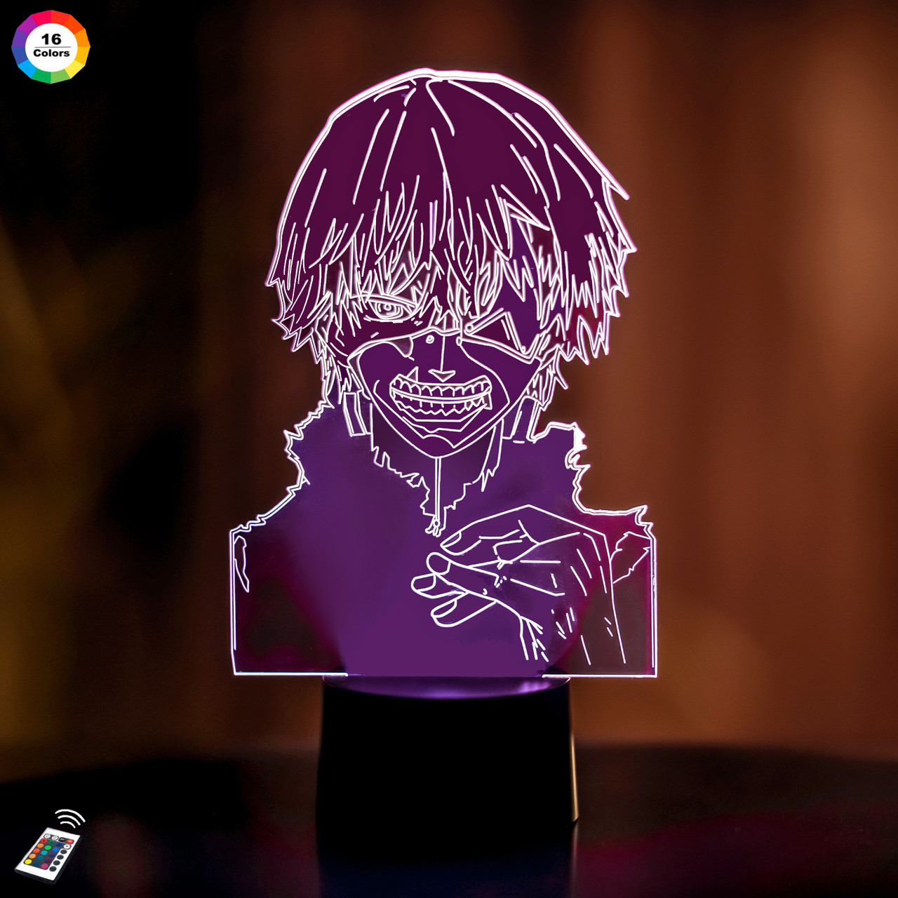 3D нічник "Канеки Кен 4" (ВОЛІЧНЕ ЗОБРАЖЕННЯ) + пульт ДК + мережевий адаптер + батарейки (3ААА)  3DTOYSLAMP, фото 1