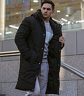 Зимняя парка мужская теплая | Куртка-пальто мужская зимняя длинная с капюшоном черная. Живое фото