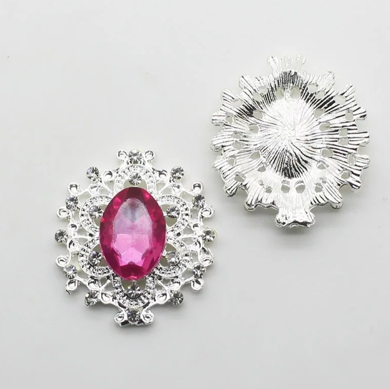 Камінь в срібній ажурній оправі 30*32 мм яскраво-рожевий, фото 1