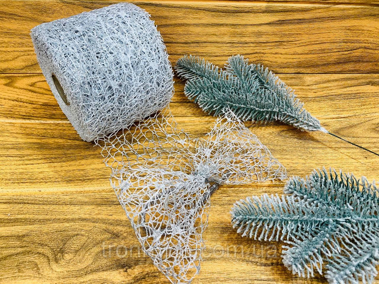 Стрічка сітка новорічна срібло 12 см (за м)., фото 1