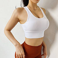 Топ белый с чашками спортивный женский для фитнеса йоги Топ-бра для спорта тренировок до 3XL